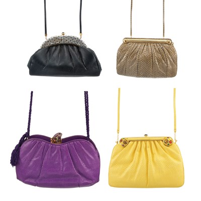 Lot 1029 - Four Multicolored Lizard Skin and Rhinestone Purses, Judith Leiber