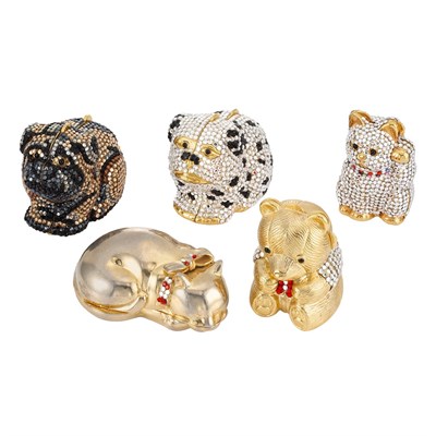 Lot 1001 - Five Gold-Tone Metal and Multicolored Rhinestone Animal Pill Boxes, Judith Leiber