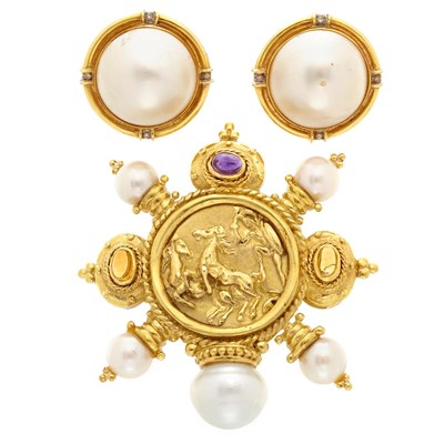 Lot 10 - Gold, Cultured Pearl and Cabochon Gem-Set Brooch and Pair of Gold, Mabe Pearl and Diamond Earclips