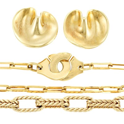 Lot 291 - Pair of Gold Earclips, Tiffany & Co., Gold Bracelet, Dinh Van, and Gold Herringbone Link Bracelet