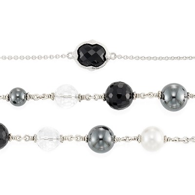 Lot 477 - Two Sterling Silver, Black Onyx, Hematite and Rock Crystal Bead and Freshwater Pearl Chain Necklaces, Judith Ripka