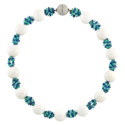 Lot 826 - White Cocholong, Emerald and Sapphire Bead Necklace with White Gold and Diamond Ball Clasp