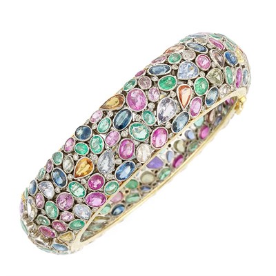 Lot 468 - Gold, Silver, Gem-Set and Diamond Bombe Bangle Bracelet