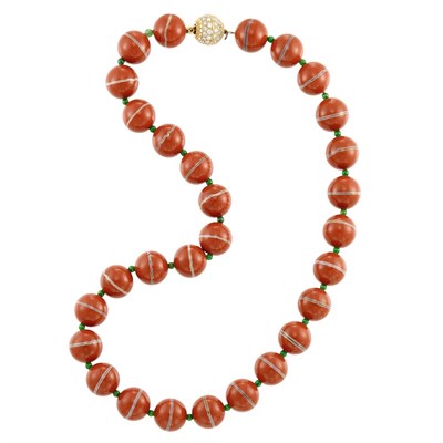 Lot 753 - Banded Jasper and Emerald Bead Necklace with Gold and Diamond Ball Clasp