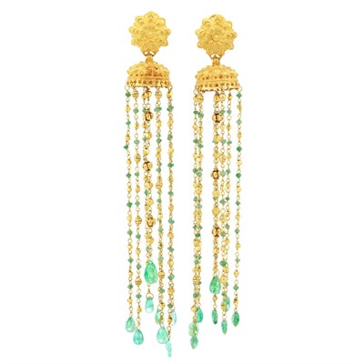 Lot 376 - Pair of Indian Gold and Emerald Bead Fringe Earrings