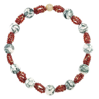 Lot 380 - Agate and Garnet Bead, Gold and Diamond Necklace with Gold and Diamond Ball Clasp