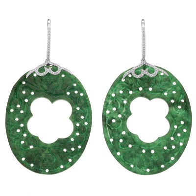 Lot 832 - Pair of White Gold, Diamond and Carved Jade Hoop Pendant-Earrings