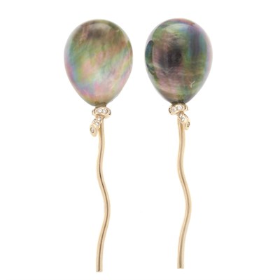 Lot 829 - Pair of Gold, Rock Crystal, Gray Mother-of-Pearl and Diamond Balloon Pendant-Earclips, Vhernier