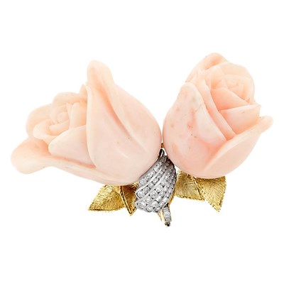 Lot 362 - Gold, Carved Angel Skin Coral and Diamond Flower Brooch