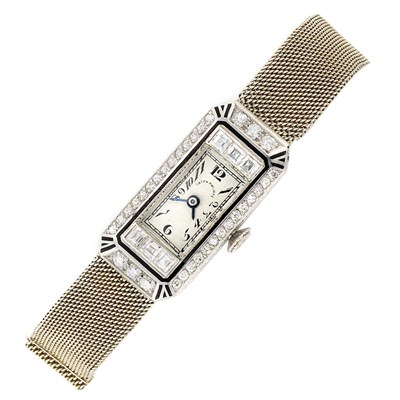 Lot 423 - Art Deco Platinum, Diamond and Black Enamel Wristwatch, Patek Philippe & Co., with White Gold Mesh Bracelet