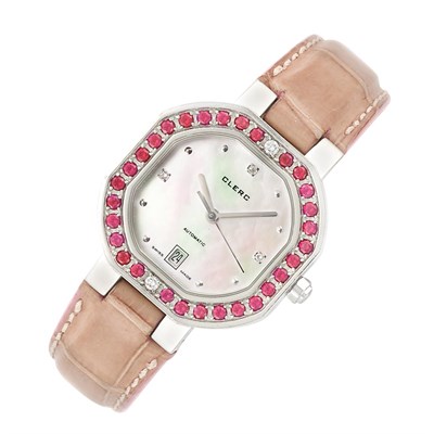 Lot 470 - Lady's Stainless Steel, Mother-of-Pearl, Ruby and Diamond Wristwatch, Clerc