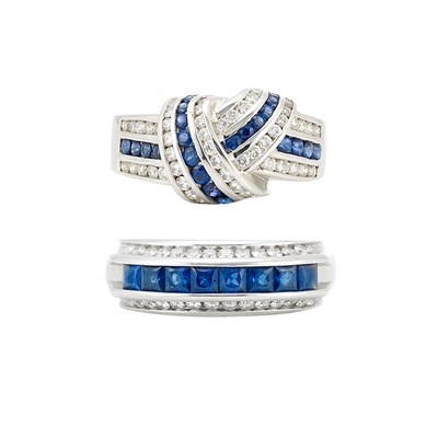 Lot 840 - White Gold, Sapphire and Diamond Ribbon Ring, Krypell, and Sapphire and Diamond Half-Around Band Ring