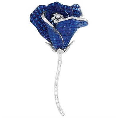 Lot 991 - White Gold, Invisibly-Set Sapphire and Diamond 'en Tremblant' Flower Brooch, Alexis