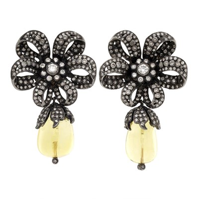Lot 697 - Pair of Blackened Gold, Diamond and Lemon Quartz Bead Pendant-Earclips