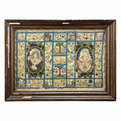 Lot 171 - Framed English Silk, Wool and Beadwork Bible...