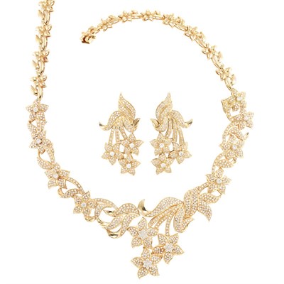 Lot 459 - Gold and Diamond Garland Necklace and Pair of Earrings