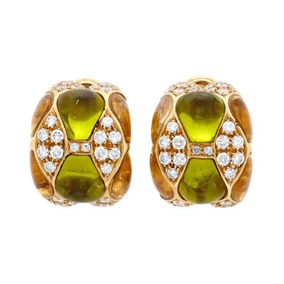 Lot 792 - Pair of Gold, Cabochon Citrine and Peridot and Diamond Bombe Half-Hoop Earclips