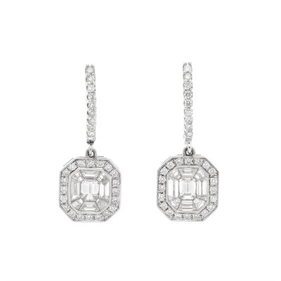 Lot 690 - Pair of White Gold and Diamond Pendant-Earrings