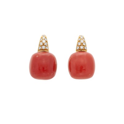 Lot 335 - Pair of Gold, Coral and Diamond Earrings