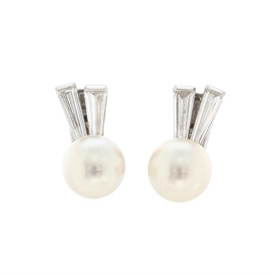 Lot 710 - Pair of Platinum, Cultured Pearl and Diamond Earclips, France