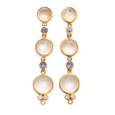 Lot 721 - Pair of Gold, Moonstone, Tanzanite and Diamond Pendant-Earrings, Temple St. Claire
