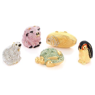 Lot 1005 - Five Gold-Tone Metal and Multicolored Rhinestone Animal Pill Boxes, Judith Leiber