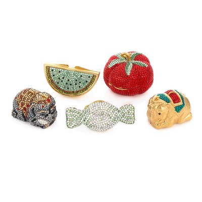 Lot 1014 - Five Multicolored Rhinestone Pill Boxes, Judith Leiber