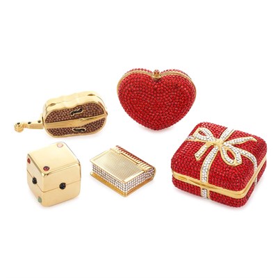 Lot 1015 - Five Gold-Tone Metal and Multicolored Rhinestone Pill Boxes, Judith Leiber