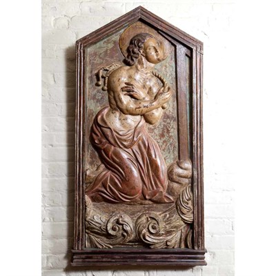 Lot 224 - Carved and Painted Wood Figural Plaque of a...