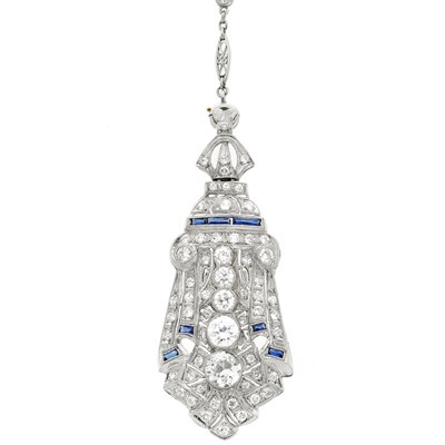 Lot 226 - Platinum, Diamond and Synthetic Sapphire Pendant-Brooch with Platinum and Diamond Chain Necklace