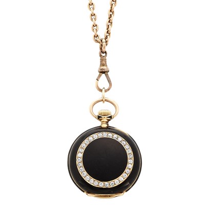 Lot 595 - Antique Gold, Black Enamel and Diamond Pendant-Watch, Tiffany & Co., with Gold Chain