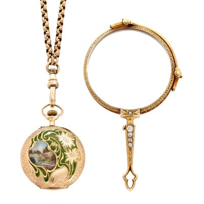 Lot 81 - Antique Gold, Swiss Enamel and Enamel Open Face Pendant-Watch with Gold-Filled Chain and Gold and Diamond Lorgnette