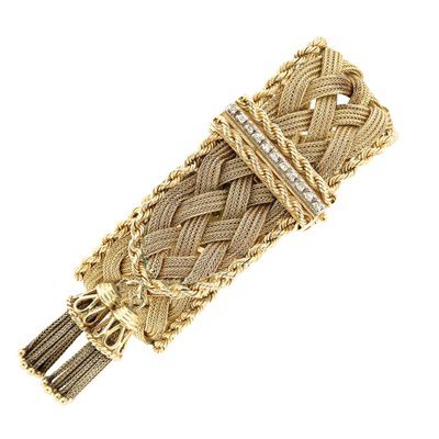 Lot 74 - Braided Gold Mesh and Diamond Slide Tassel Bracelet-Watch