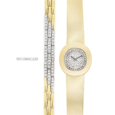 Lot 299 - Gold and Diamond Wristwatch and Bracelet and Platinum and Diamond Guard Ring
