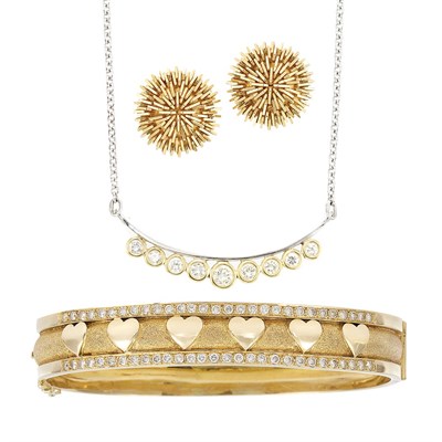 Lot 457 - Gold and Diamond Bangle Bracelet, Necklace and Pair of Gold Earrings