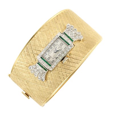 Lot 433 - Gold, Platinum, Diamond and Simulated Emerald Cuff  Bangle-Watch