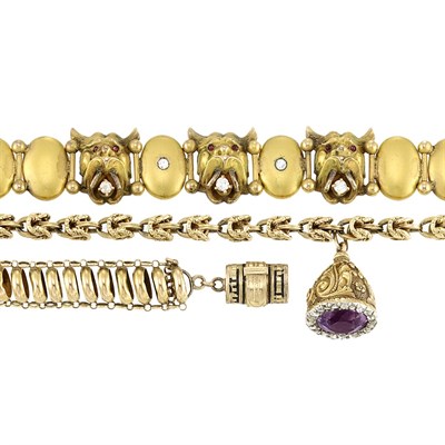 Lot 79 - Two Antique Gold, Diamond and Gem-Set Bracelets and Gilt Metal and Diamond Bracelet