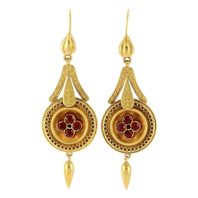 Lot 561 - Pair of Antique Gold and Garnet Pendant-Earrings