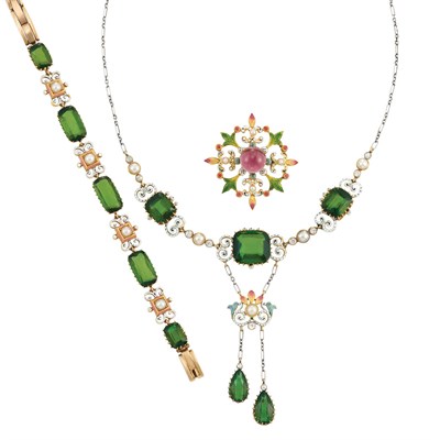 Lot 86 - Antique Platinum, Gold, Tourmaline, Diamond, Split Pearl and Enamel Necklace, Bracelet and Pin