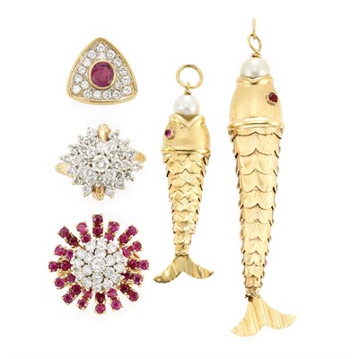 Lot 810 - Two Diamond and Ruby Rings and Tie Tac and Two Gold Fish Pendants