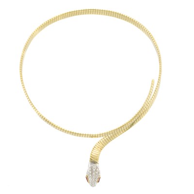 Lot 292 - Two-Color Gold, Diamond and Ruby Coiled Snake Choker Necklace, Bracelet and Ring
