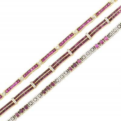 Lot 615 - Three Gold, Ruby and Diamond Bracelets