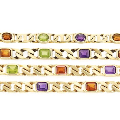 Lot 803 - Gold and Gem-Set Curb Link Necklace/Bracelet Combination and Gold and Gem-Set Bracelet