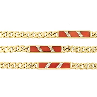Lot 111 - Long Gold, Coral and Diamond Curb Link Chain Necklace
