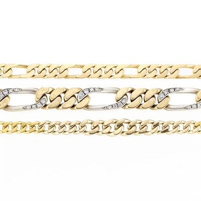 Lot 379 - Gold Curb Link Necklace and Bracelet and Two-Color Gold and Diamond Curb Link Bracelet