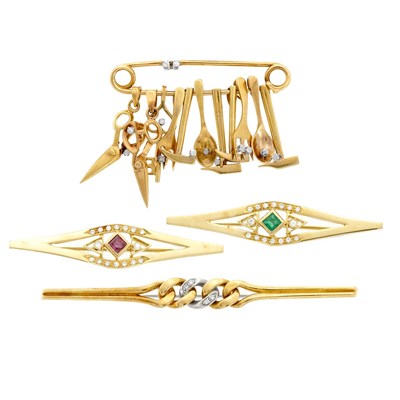 Lot 372 - Three Gold, Gem-Set and Diamond Bar Pins and Gold and Diamond Mining Tools Safety Pin