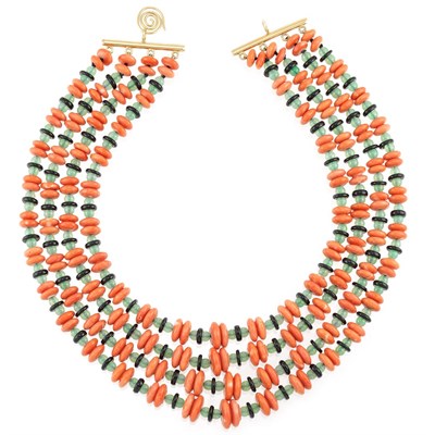 Lot 109 - Four Strand Coral, Green Chrysoprase and Black Onyx Bead Necklace with Gold Spiral Clasp