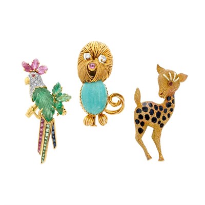 Lot 761 - Three Gold, Gem-Set, Diamond, Turquoise and Enamel Animal Pins