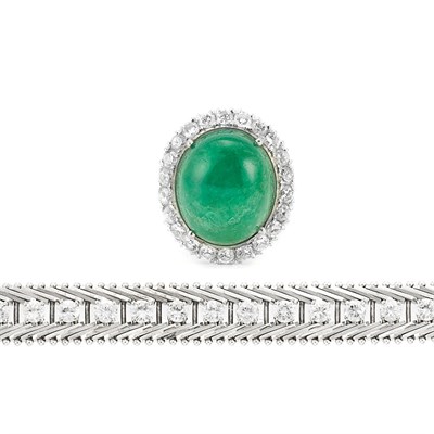 Lot 700 - White Gold and Diamond Bracelet and Cabochon Emerald and Diamond Ring