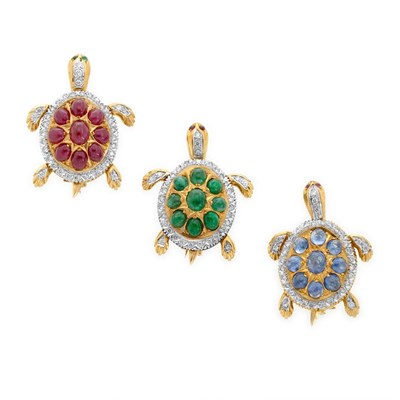 Lot 848 - Three Gold, Cabochon Colored Stone and Diamond Turtle Pins